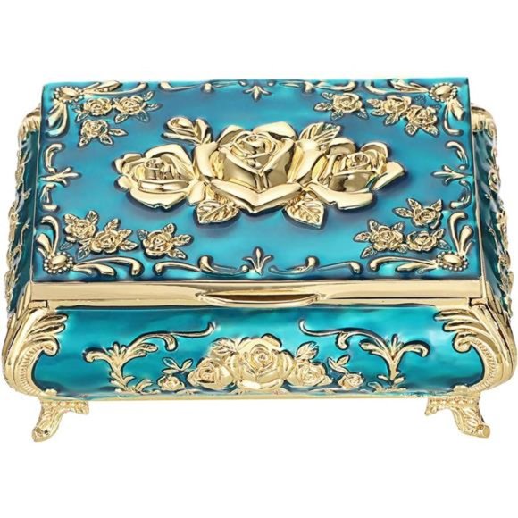 Vintage Metal JewelryBox Small Treasure ChestCase Trinket Organizer Earrings Box - Picture 1 of 7